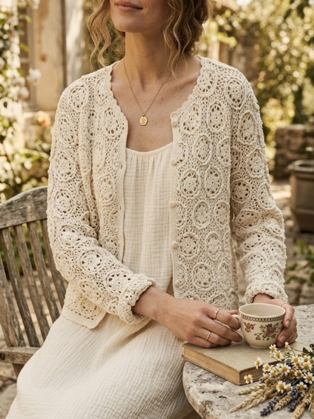 Vintage crocheted sweater feminine art to wear cream cotton size small